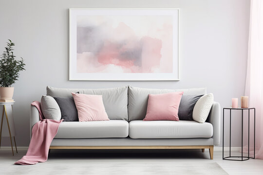 Grey sofa with pink pillows and blanket against white wall with abstract art poster. Interior design of modern living room.ai generative