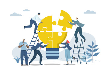 Effective teamwork, problem solving, or ways to improve, career development concept, symbol of teamwork, Business people work together to complete the light bulb jigsaw puzzle in harmony.