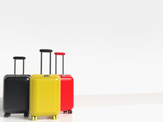Background with travel suitcase and empty space for text. Optimistic 3D illustration with suitcases in the colors of the Belgian flag.