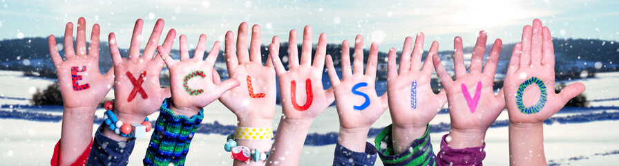 Children Hands Building Word Exclusivo means Exclusive, Winter Background