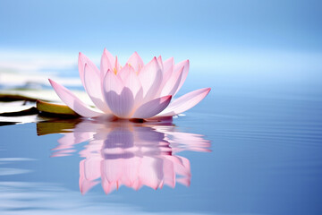 A lotus petal gently falling onto a serene pond with a reflection of a clear blue sky, symbolizing the love and creation of grace and the elegance of transitions, love and creation