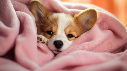Portrait of cute little puppy redhead Corgi dog