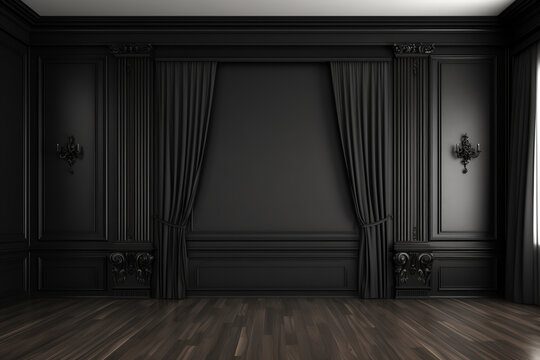 A wood floor and a modern classic black interior wall with moldings, curtains, and a hidden entrance. mock up for an illustration.ai generative