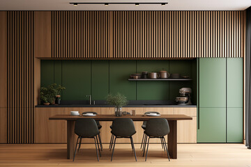 a minimalist interior design with a green kitchen and wood slat wall.ai generative
