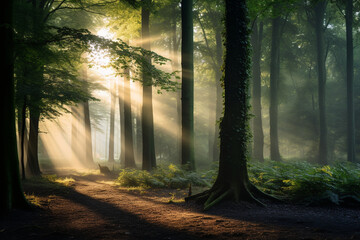 A tranquil forest during dawn, expressing the love and creation of peaceful woodland scenes, love and creation