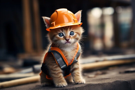 A kitten dressed as a builder at a construction site with safety helmet.ai generative
