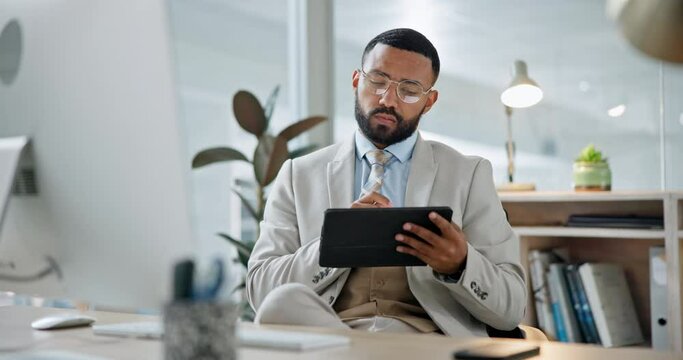 Businessman, thinking and reading with a tablet for communication, contact and happy idea for social media post. Online, planning or professional man research on internet for strategy or b2b chat