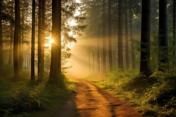 Fototapeta premium A serene forest path during a misty morning sunrise, expressing the love and creation of tranquil woodland journeys, love and creation
