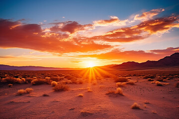 A remote desert landscape during a sunrise, illustrating the love and creation of vast and arid beauty, love and creation