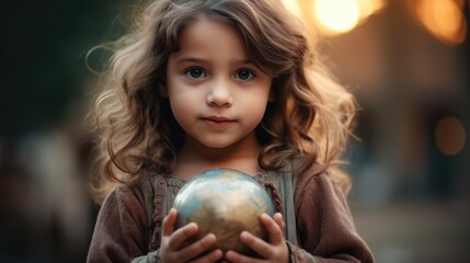 Fototapeta na wymiar Cute girl holding a globe in her hand, Environment, Earth Day, New generation future concept.