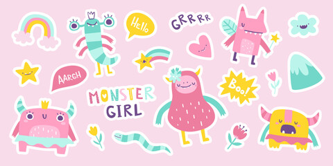 Fototapeta premium Set of cute stickers with monster girls. Vector collection of girly beasts for kids. Pink doodle monsters bundle for baby girls.