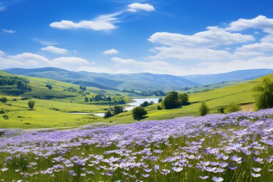 Landscape of flowers blooming in the meadow White chamomiles and purple bluebells bloom on the field. Summer landscape of wildflowers blooming in the meadow.