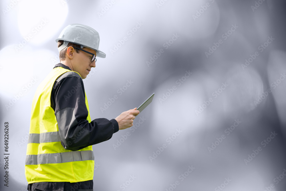 Poster engineer with digital tablet. on a gray background