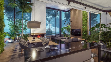 3d rendering of expensive cozy interior with green walls with living dining zone stair and kitchen for sale or rent. Warm interior lighting combined with cold light from night street