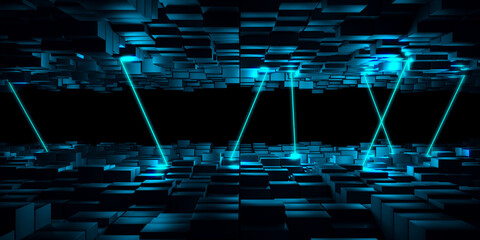 Obraz premium Geometric mock up design glowing neon lights.. Exhibition background