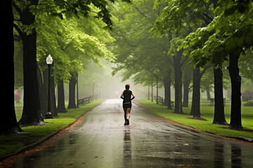 A jogger in a park, undeterred by the drizzle, symbolizing the love and creation of a determined and active lifestyle, love and creation