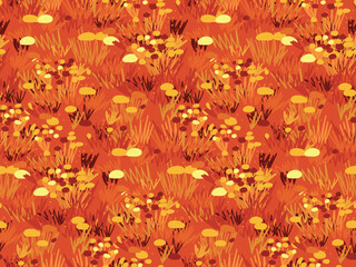 A simple cute vector pattern with fiery orange wildflowers - marigolds, herbs on a sunny orange background. Floral print in a hand-drawn style. Perfect for fabrics, textiles, covers, design ... - 649226620