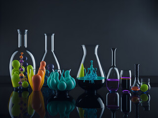 Chemical synthesis setup, with colorful liquids flowing through glassware. Generative AI - 649226636