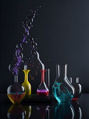 Chemical synthesis setup, with colorful liquids flowing through glassware. Generative AI - 649226676