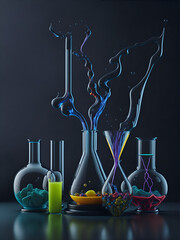 Chemical synthesis setup, with colorful liquids flowing through glassware. Generative AI - 649226690