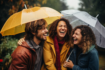 A group of friends huddled under umbrellas, laughing and enjoying the rain together, expressing the love and creation of shared moments of happiness, love and creation