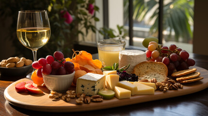 Vegan cheese assortment with fruits, crackers, and wine - obrazy, fototapety, plakaty