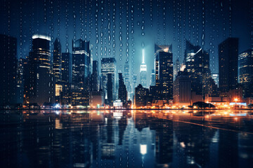 Fototapeta na wymiar A city skyline with rain-blurred lights at night, illustrating the love and creation of urban atmospheres transformed by rainfall, love and creation