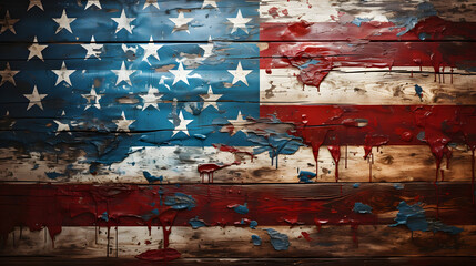 Horizontal American Flag Old Distressed Wood Slat Background Wallpaper for Product Placement Advertisement. Painted Stained Weathered Sea Ocean Boards. Red, White, Blue. 9:16 Aspect Ratio.