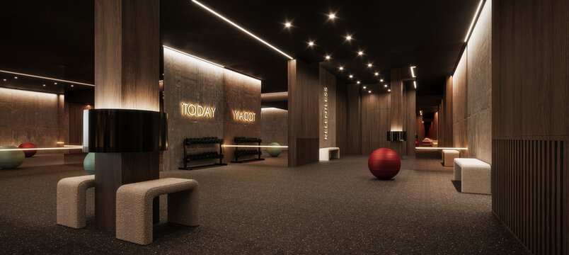 Modern gym interior design. Luxury fitness and stretching room with wood details and black ceiling. 3D Rendering, 3D Illustration