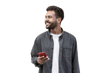 Young handsome man with smartphone isolated transparent PNG. Smiling student men texting on his mobile phone isolated portrait. Modern lifestyle, connection, business concept