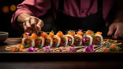 Gordijnen Chef artistically drizzling sauce on vegan sushi rolls © Matthias