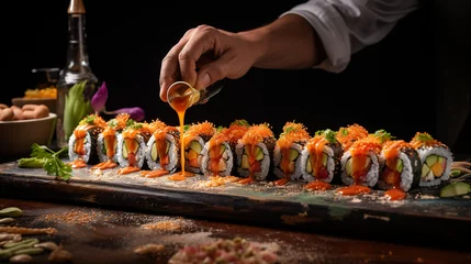 Keuken spatwand met foto Chef artistically drizzling sauce on vegan sushi rolls © Matthias