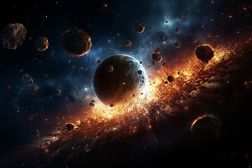 An artistic depiction of planetary accretion, where dust and debris gradually come together to form a new world, illustrating the love and creation of celestial assembly, love and