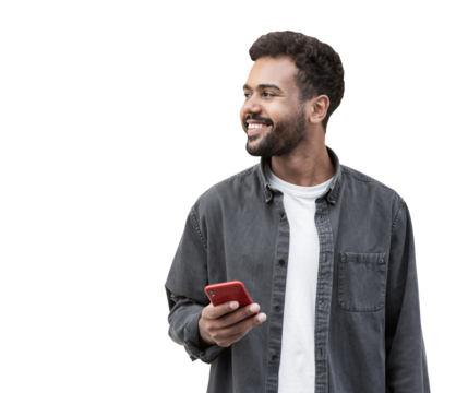 Young handsome man with smartphone isolated transparent PNG. Smiling student men texting on his mobile phone isolated portrait. Modern lifestyle, connection, business concept