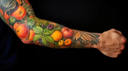 Poster A tattoo-adorned arm proudly displays a cornucopia of fruits and vegetables, celebrating Thanksgiving s abundant harvest, while gently cradling a vibrant tangerine © Sasint