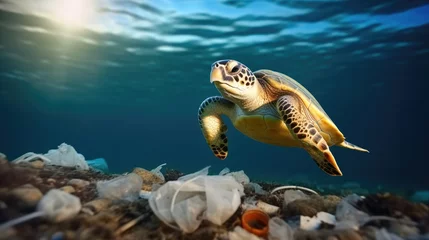 Poster Swimming sea turtle with water polluted household garbage, Environmental disaster in sea. © visoot