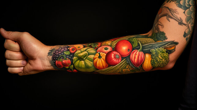 A tattoo-adorned arm proudly displays a cornucopia of fruits and vegetables, celebrating Thanksgiving s abundant harvest, while gently cradling a vibrant tangerine