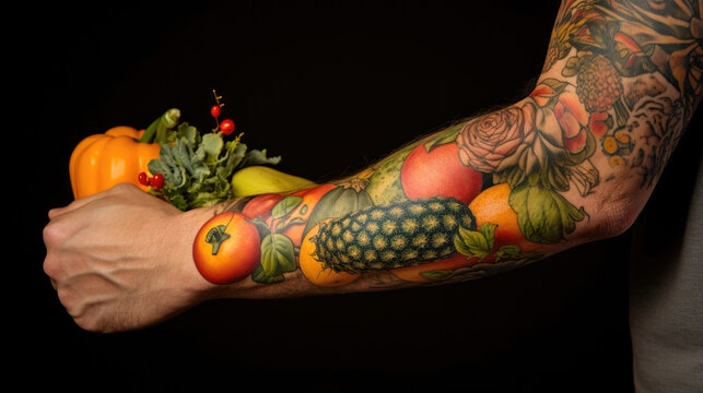 A tattoo-adorned arm proudly displays a cornucopia of fruits and vegetables, celebrating Thanksgiving s abundant harvest, while gently cradling a vibrant tangerine