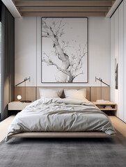a bedroom in an apartment with a double bed in the style minimalism, created with Generative AI...