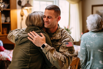 Happy American soldier reunited with family - obrazy, fototapety, plakaty