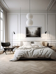 a bedroom in an apartment with a double bed in the style minimalism, created with Generative AI technology