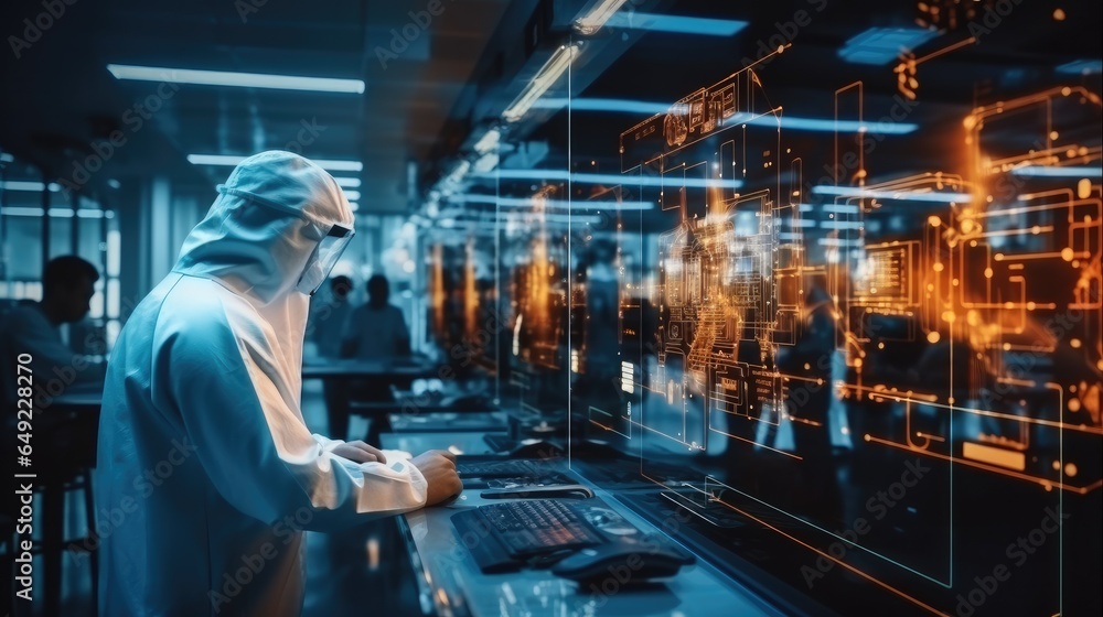 Poster IT Engineers Working in Supercomputer Room, Development of a quantum computer, Network background.