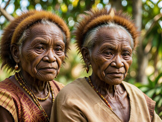 Portrait of two old women in an African tribe wearing traditional clothes and and accessories