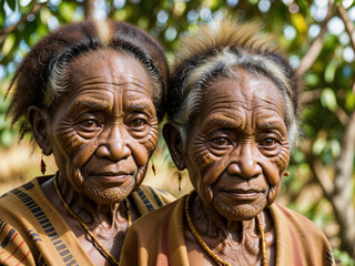 Portrait of two old women in an African tribe wearing traditional clothes and and accessories