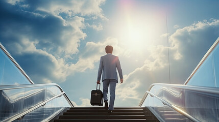 Asian businessman carrying a suitcase while stepping on the staircase toward sunlight in the sky