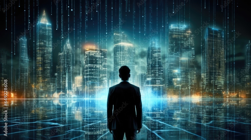 Aufkleber businessman standing in cyberspace, technology, big data and blockchain concept.