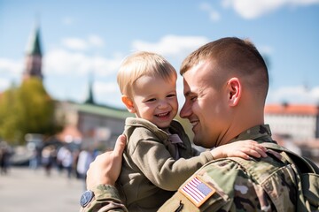Happy reunion of a soldier with his child