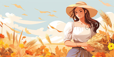 Obraz na płótnie Canvas Banner with a young woman farmer with a basket of harvested crops. Can be used as an invitation card to the Harvest Festival. There is space available for additional information.