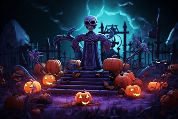 3D Rendering of cute ghost at spooky night in haunted graveyard with many pumpkin surrounding. 3D Spooky Halloween at graveyard.