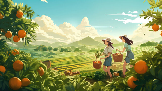 Cartoon of Happy family helping each other pick produce from an orange field.